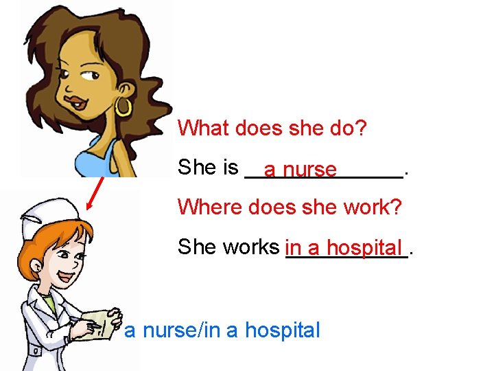 What does she do? She is _______. a nurse Where does she work? She