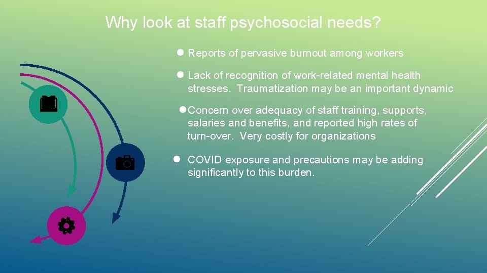 Why look at staff psychosocial needs? l Reports of pervasive burnout among workers l