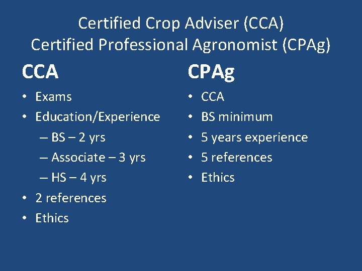 Certified Crop Adviser (CCA) Certified Professional Agronomist (CPAg) CCA CPAg • Exams • Education/Experience