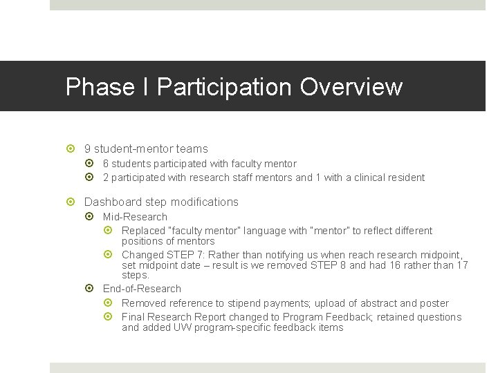 Phase I Participation Overview 9 student-mentor teams 6 students participated with faculty mentor 2
