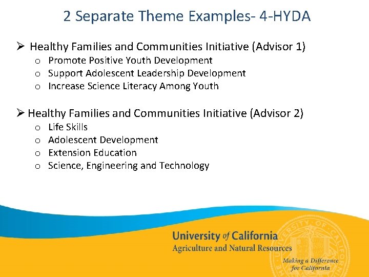 2 Separate Theme Examples- 4 -HYDA Ø Healthy Families and Communities Initiative (Advisor 1)