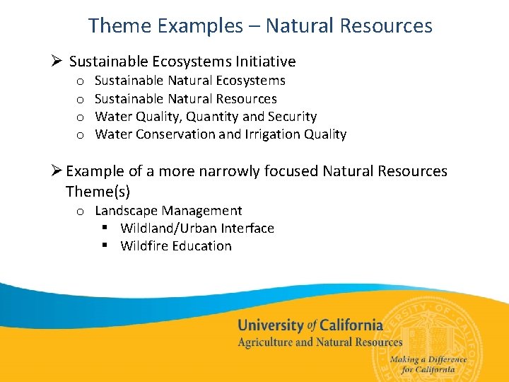 Theme Examples – Natural Resources Ø Sustainable Ecosystems Initiative o o Sustainable Natural Ecosystems