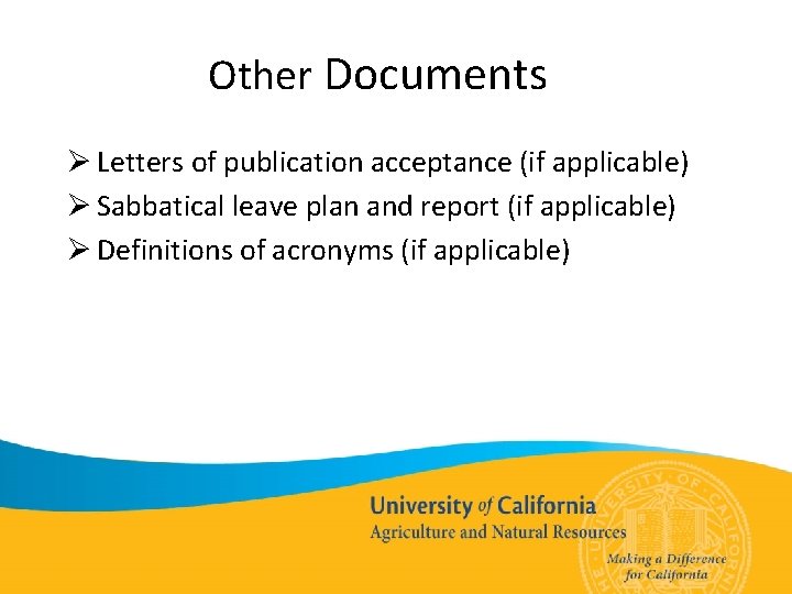 Other Documents Ø Letters of publication acceptance (if applicable) Ø Sabbatical leave plan and