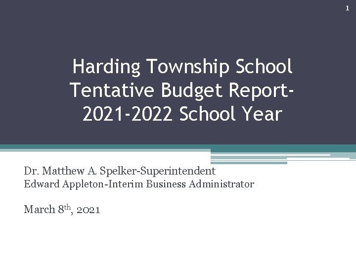 1 Harding Township School Tentative Budget Report 2021 -2022 School Year Dr. Matthew A.
