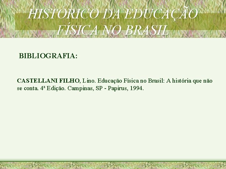 HISTÓRICO DA EDUCAÇÃO FÍSICA NO BRASIL BIBLIOGRAFIA: CASTELLANI FILHO, Lino. Educação Física no Brasil: