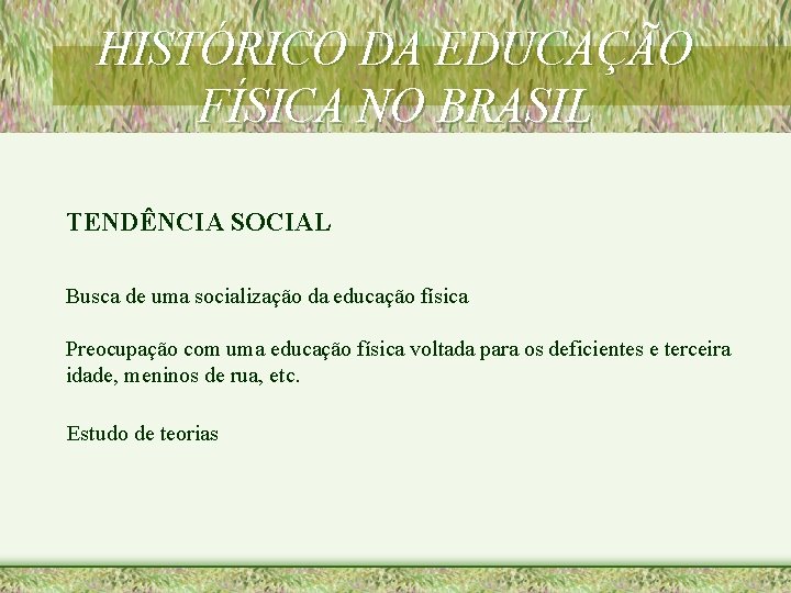 HISTÓRICO DA EDUCAÇÃO FÍSICA NO BRASIL TENDÊNCIA SOCIAL Busca de uma socialização da educação