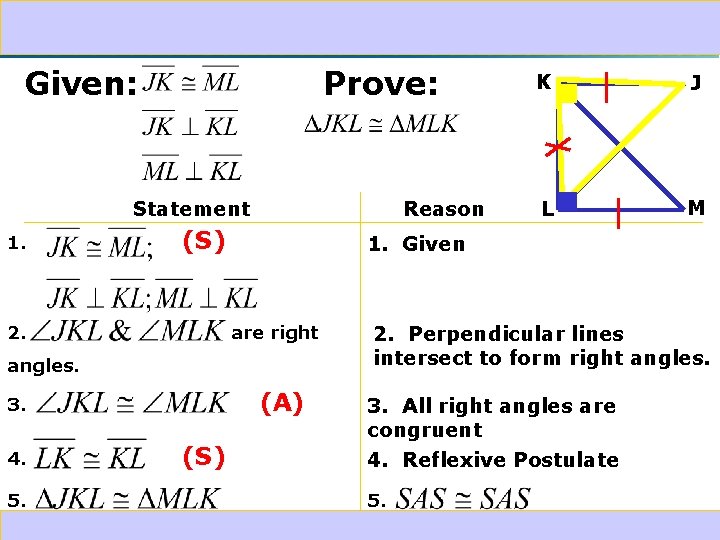 4 -4 Triangle Congruence: SSS and SAS Given: Prove: Statement 1. Reason (S) 2.