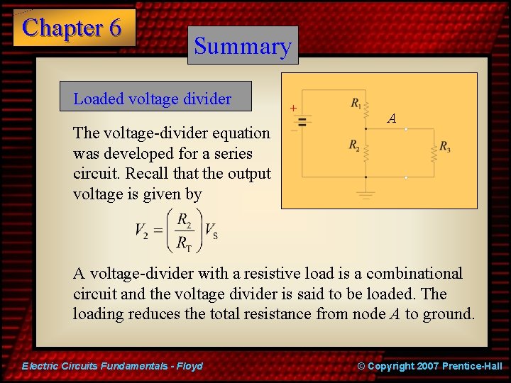 Chapter 6 Summary Loaded voltage divider The voltage-divider equation was developed for a series