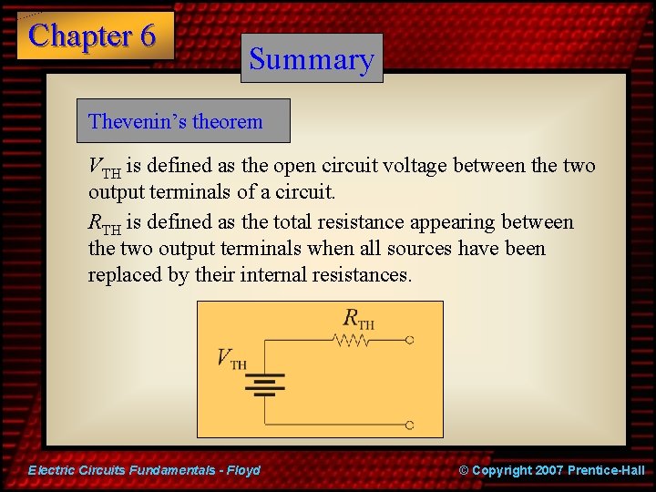 Chapter 6 Summary Thevenin’s theorem VTH is defined as the open circuit voltage between