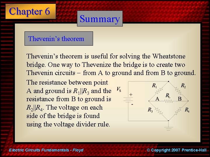 Chapter 6 Summary Thevenin’s theorem is useful for solving the Wheatstone bridge. One way