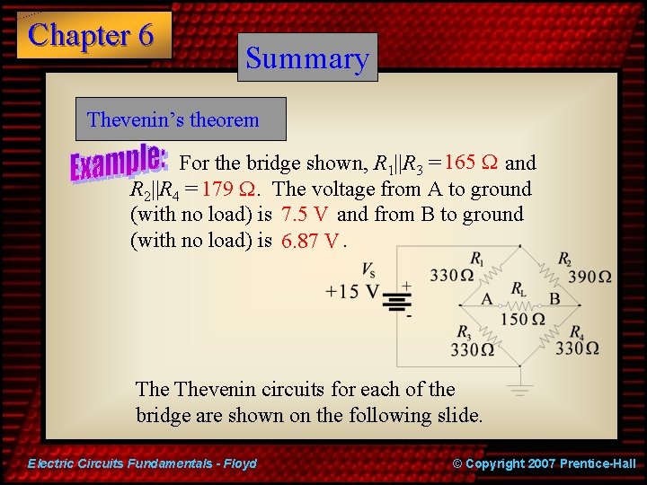 Chapter 6 Summary Thevenin’s theorem For the bridge shown, R 1||R 3 = 165