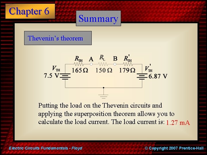 Chapter 6 Summary Thevenin’s theorem Putting the load on the Thevenin circuits and applying
