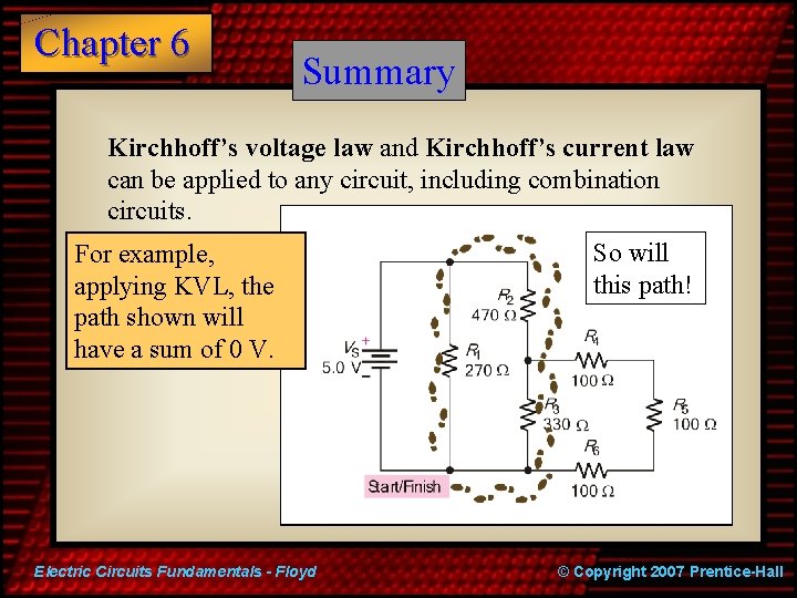 Chapter 6 Summary Kirchhoff’s voltage law and Kirchhoff’s current law can be applied to