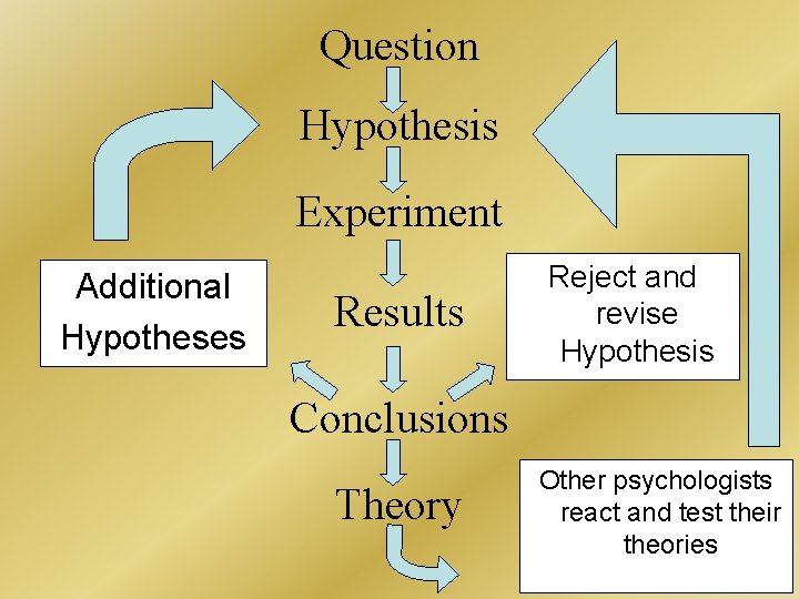 Question Hypothesis Experiment Additional Hypotheses Results Reject and revise Hypothesis Conclusions Theory Other psychologists