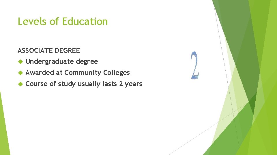 Levels of Education ASSOCIATE DEGREE Undergraduate degree Awarded at Community Colleges Course of study