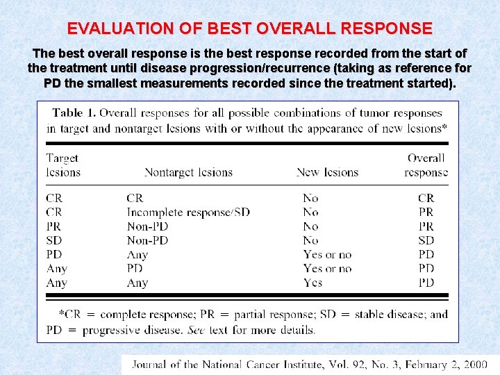 EVALUATION OF BEST OVERALL RESPONSE The best overall response is the best response recorded