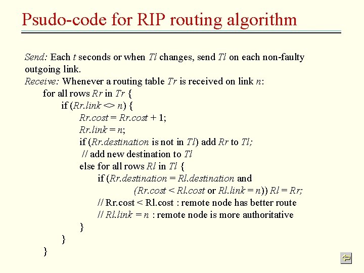 Psudo-code for RIP routing algorithm Send: Each t seconds or when Tl changes, send