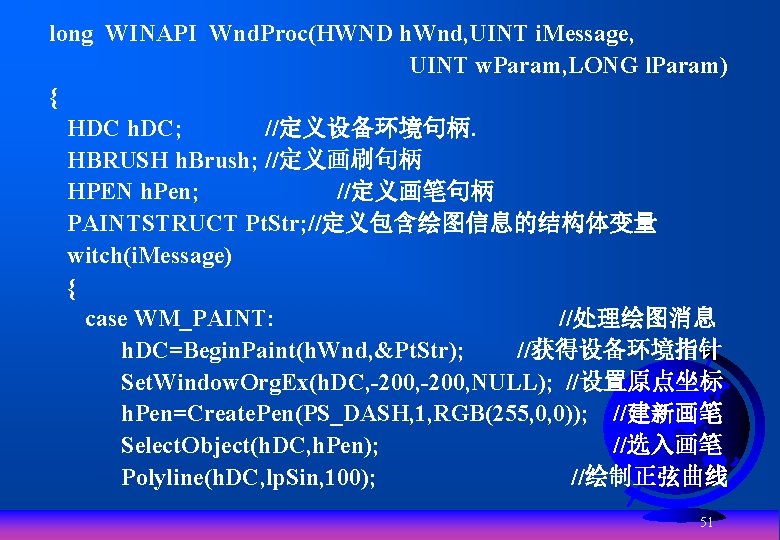 long WINAPI Wnd. Proc(HWND h. Wnd, UINT i. Message, UINT w. Param, LONG l.