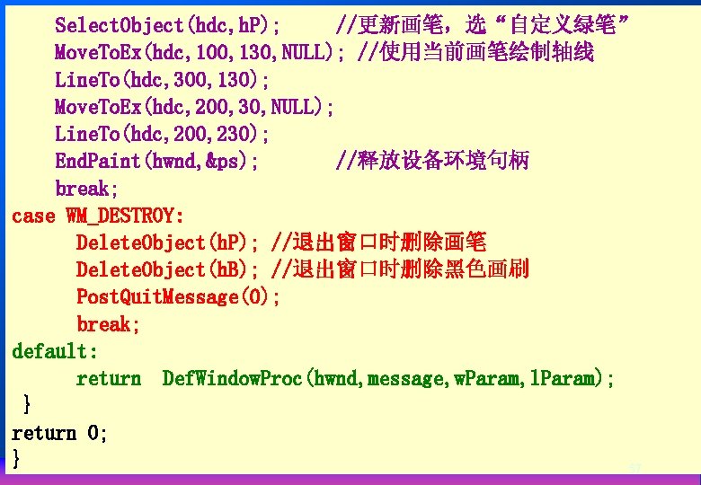 Select. Object(hdc, h. P); //更新画笔，选“自定义绿笔” Move. To. Ex(hdc, 100, 130, NULL); //使用当前画笔绘制轴线 Line. To(hdc,