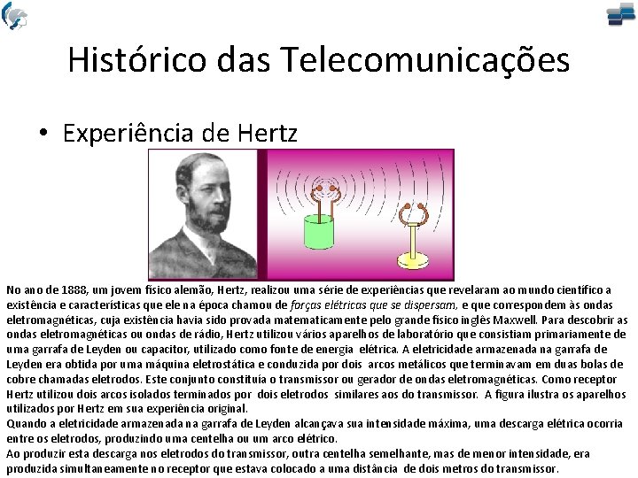 Histórico das Telecomunicações • Experiência de Hertz No ano de 1888, um jovem físico