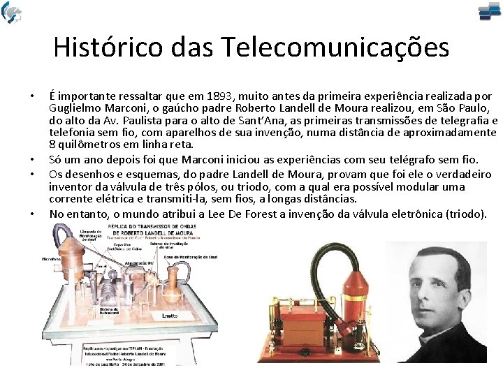 Histórico das Telecomunicações • • É importante ressaltar que em 1893, muito antes da