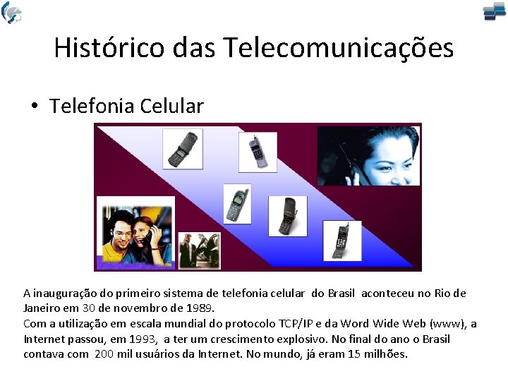 Histórico das Telecomunicações • Telefonia Celular A inauguração do primeiro sistema de telefonia celular