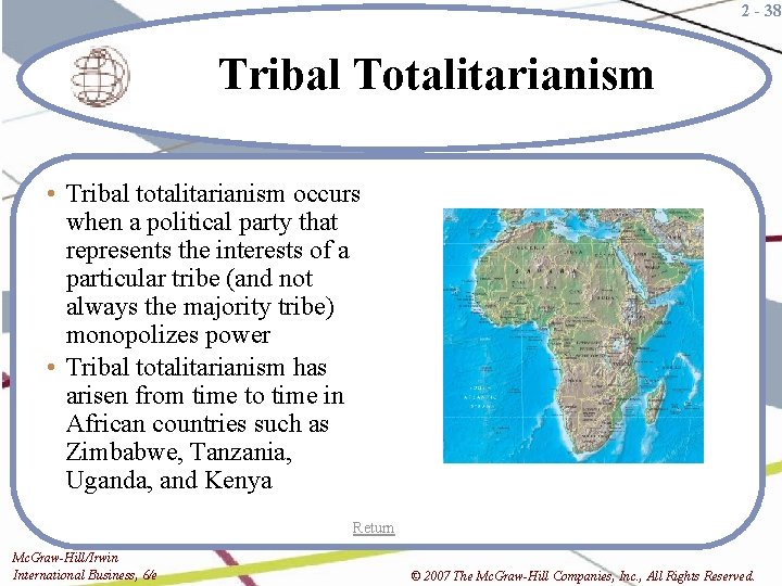 2 - 38 Tribal Totalitarianism • Tribal totalitarianism occurs when a political party that