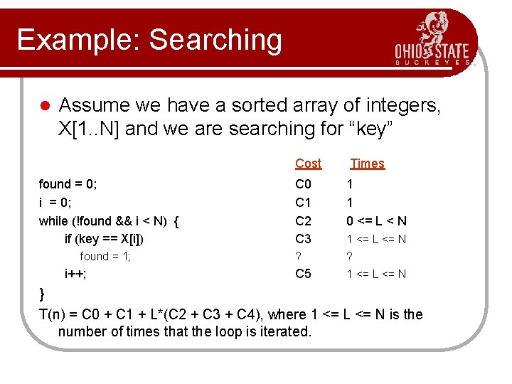 Example: Searching l Assume we have a sorted array of integers, X[1. . N]