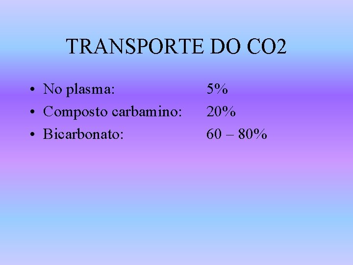 TRANSPORTE DO CO 2 • No plasma: • Composto carbamino: • Bicarbonato: 5% 20%