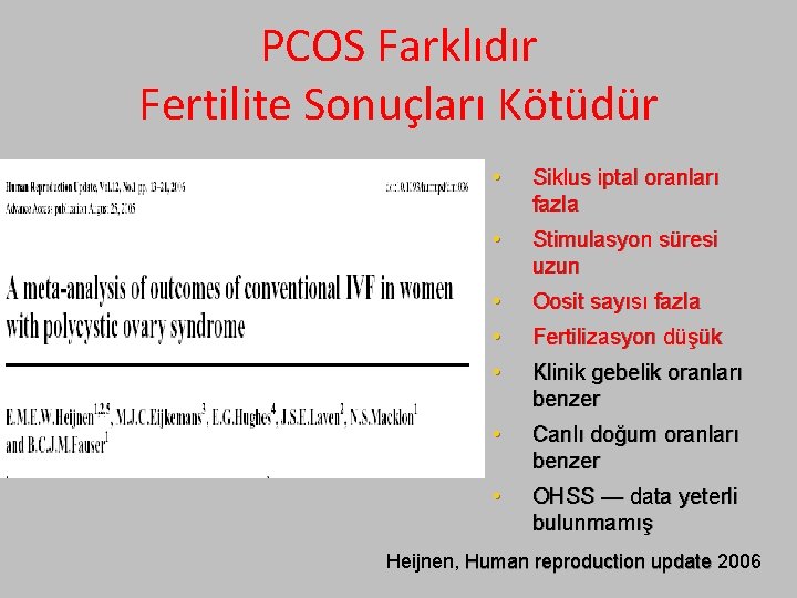 PCOS Farklıdır Fertilite Sonuçları Kötüdür • Siklus iptal oranları fazla • Stimulasyon süresi uzun