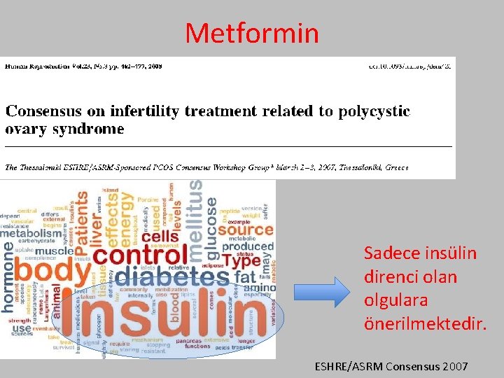 Metformin Sadece insülin direnci olan olgulara önerilmektedir. ESHRE/ASRM Consensus 2007 