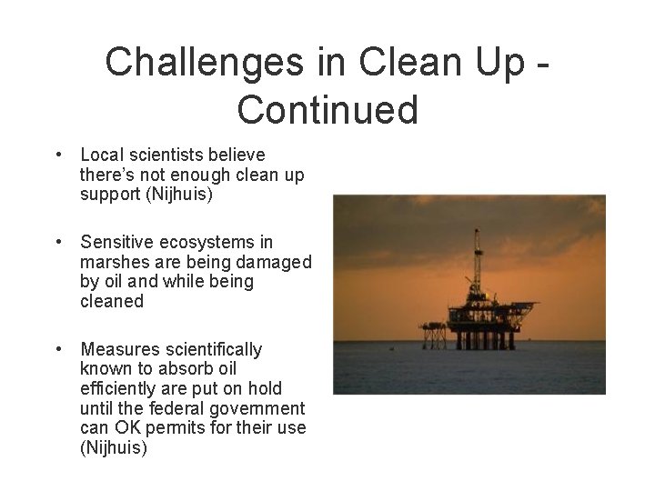 Challenges in Clean Up Continued • Local scientists believe there’s not enough clean up