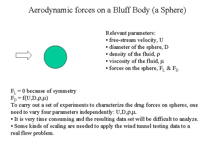 Aerodynamic forces on a Bluff Body (a Sphere) Relevant parameters: • free-stream velocity, U