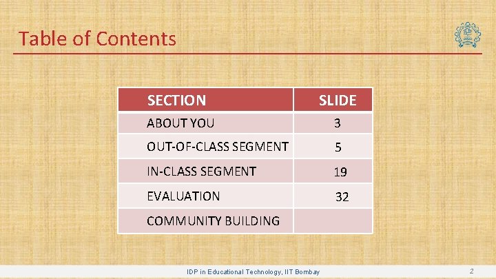 Table of Contents SECTION SLIDE ABOUT YOU 3 OUT-OF-CLASS SEGMENT 5 IN-CLASS SEGMENT 19