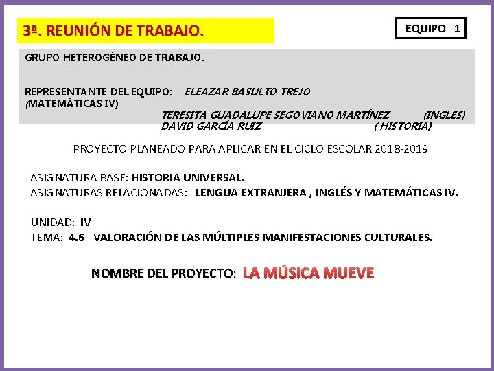 3ª. REUNIÓN DE TRABAJO. EQUIPO 1 GRUPO HETEROGÉNEO DE TRABAJO. REPRESENTANTE DEL EQUIPO: (MATEMÁTICAS