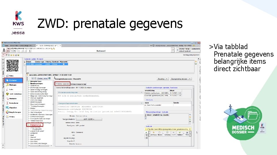 ZWD: prenatale gegevens >Via tabblad Prenatale gegevens belangrijke items direct zichtbaar 