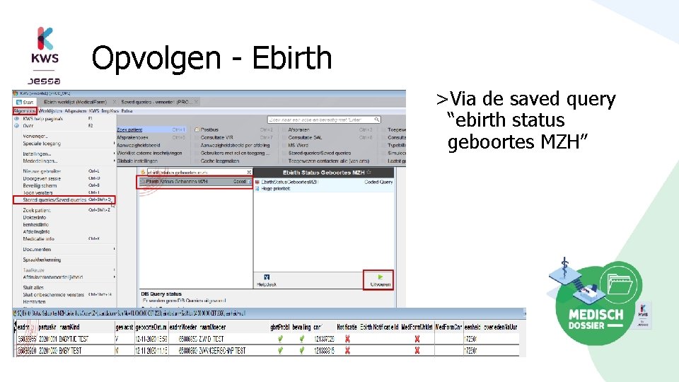 Opvolgen - Ebirth >Via de saved query “ebirth status geboortes MZH” 