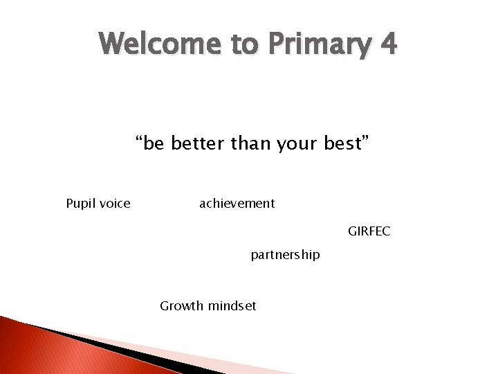 Welcome to Primary 4 “be better than your best” Pupil voice achievement GIRFEC partnership