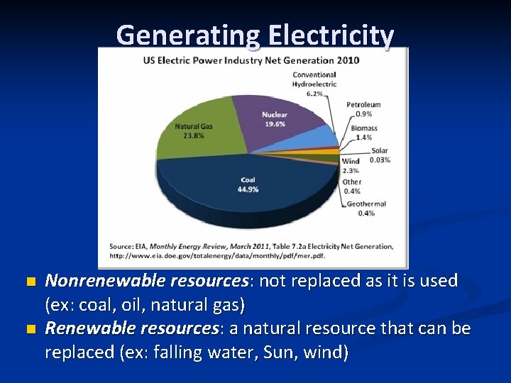 Generating Electricity n n Nonrenewable resources: not replaced as it is used (ex: coal,