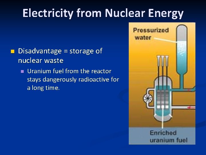 Electricity from Nuclear Energy n Disadvantage = storage of nuclear waste n Uranium fuel