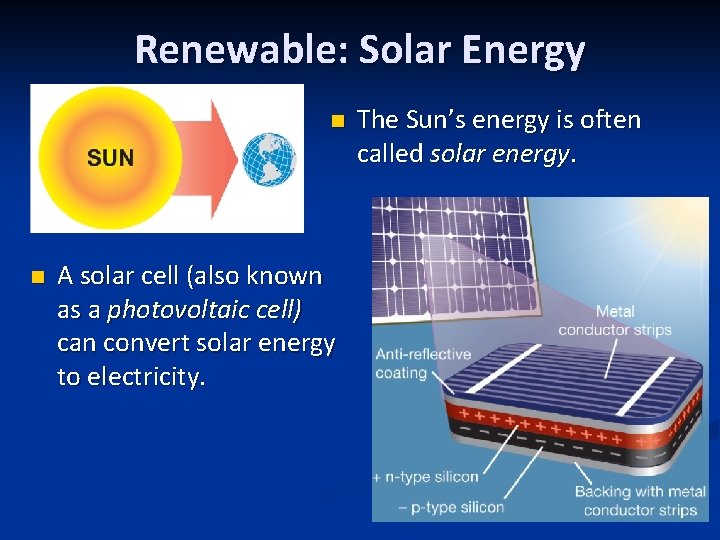 Renewable: Solar Energy n n A solar cell (also known as a photovoltaic cell)