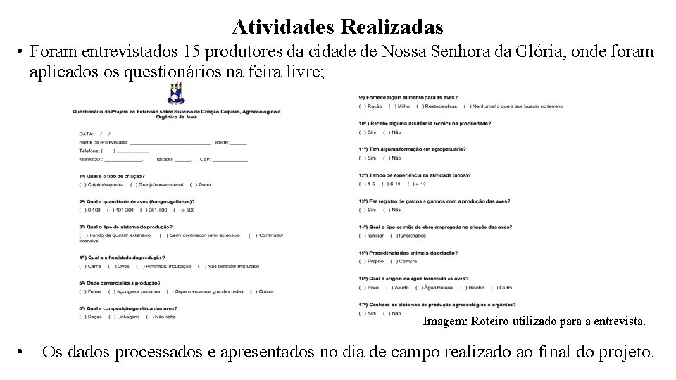 Atividades Realizadas • Foram entrevistados 15 produtores da cidade de Nossa Senhora da Glória,