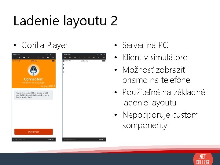 Ladenie layoutu 2 • Gorilla Player • Server na PC • Klient v simulátore