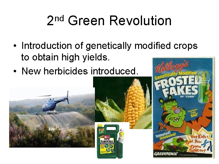 2 nd Green Revolution • Introduction of genetically modified crops to obtain high yields.