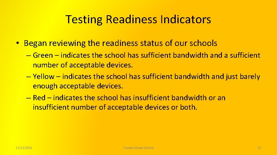 Testing Readiness Indicators • Began reviewing the readiness status of our schools – Green