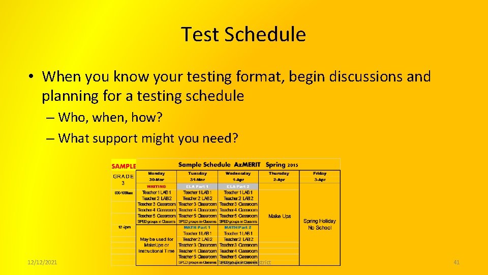 Test Schedule • When you know your testing format, begin discussions and planning for