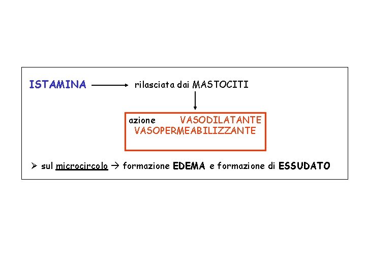 ISTAMINA rilasciata dai MASTOCITI azione VASODILATANTE VASOPERMEABILIZZANTE Ø sul microcircolo formazione EDEMA e formazione