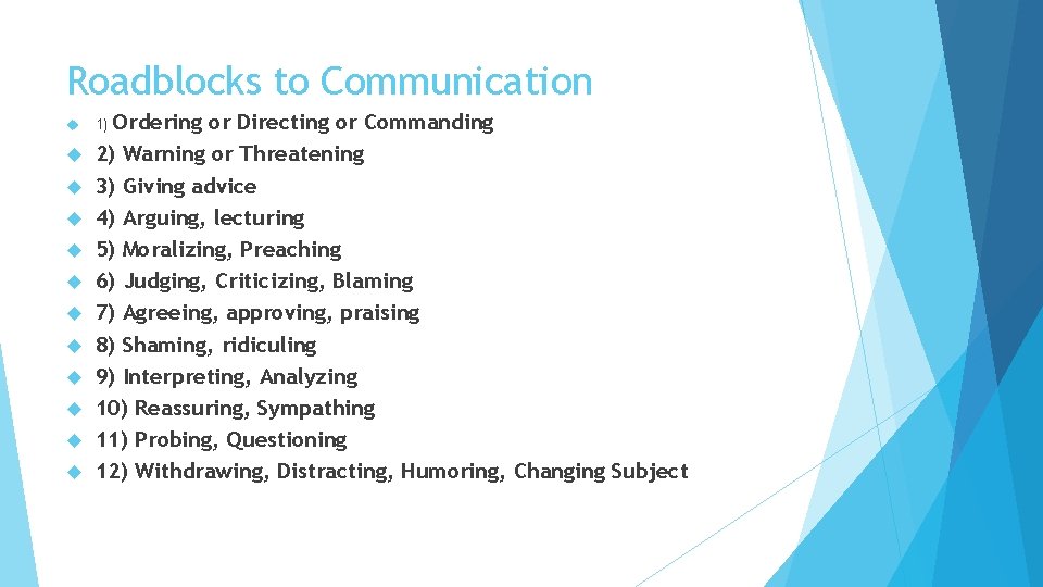 Roadblocks to Communication Ordering or Directing or Commanding 2) Warning or Threatening 3) Giving