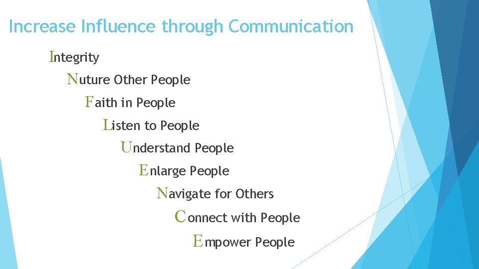 Increase Influence through Communication Integrity Nuture Other People F aith in People Listen to