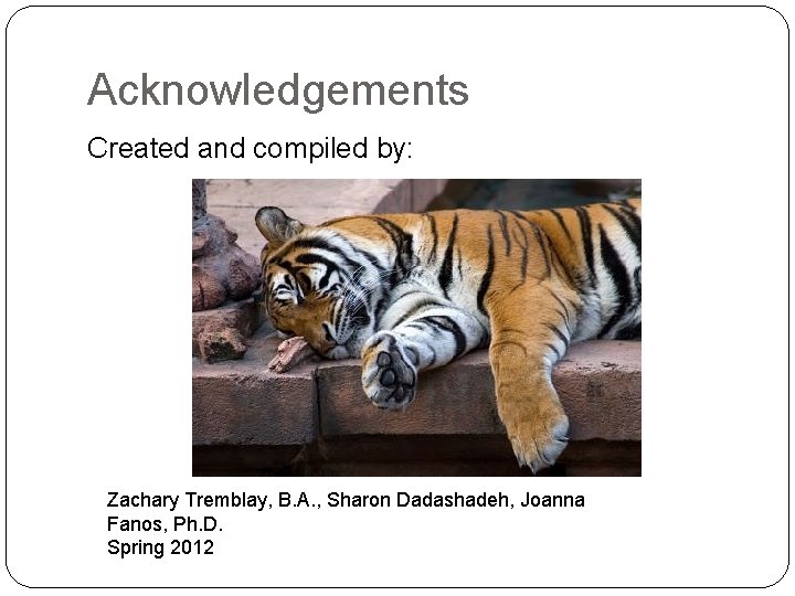 Acknowledgements Created and compiled by: Zachary Tremblay, B. A. , Sharon Dadashadeh, Joanna Fanos,